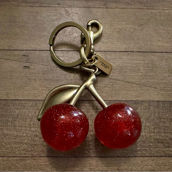 Coach Red Resin Glitter Cherries Gold Brass Keychain Fob Bag Charm - Picture 7 of 7